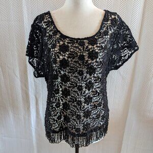 Jacques Vert Black Floral Beaded Short Sleeve Top Medium Bead Fringe Hem Vintage